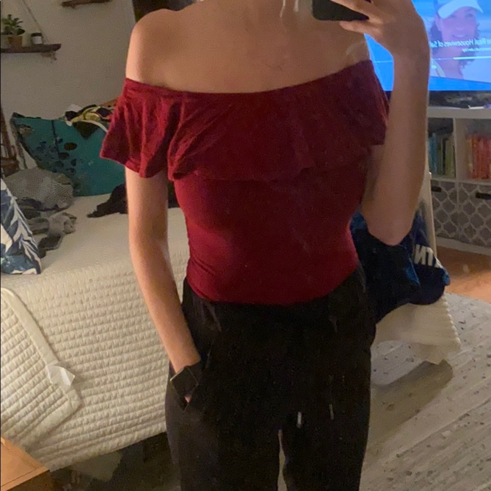 maroon off the shoulder body suit